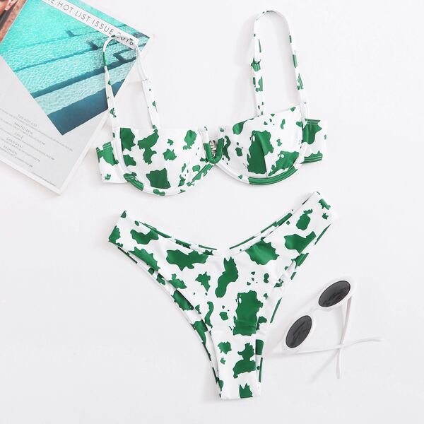 

Allover Print V Wired Underwire Bikini Swimsuit, Green