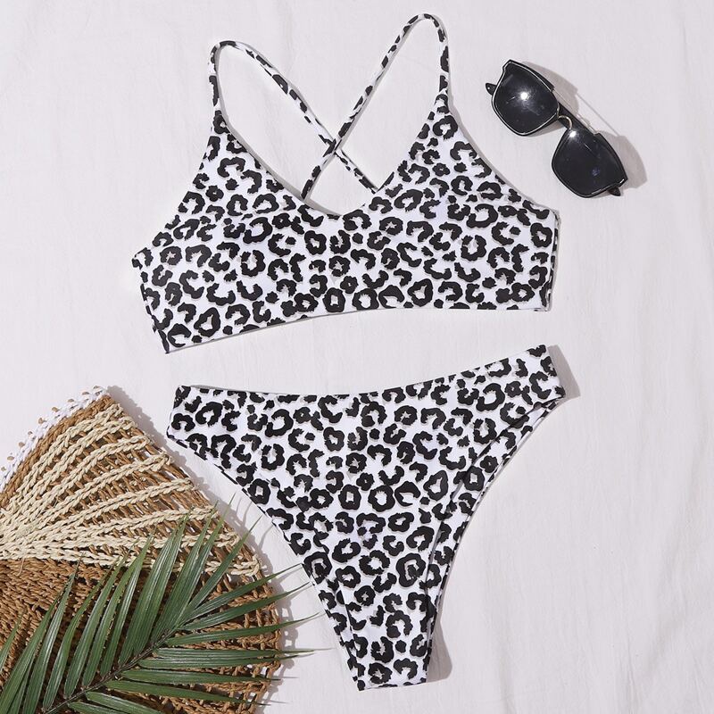 

Leopard Criss Cross Bikini Swimsuit, Black and white