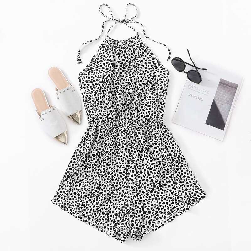 

Dalmatian Print Wide Leg Halter Romper, Black and white