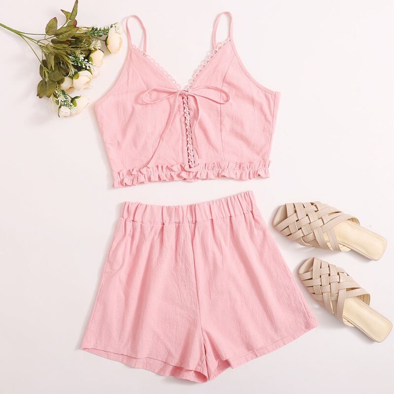 

Lace Up Pink Cami & Shorts