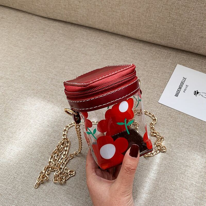 

Floral Clear Chain Bucket Bag, Red