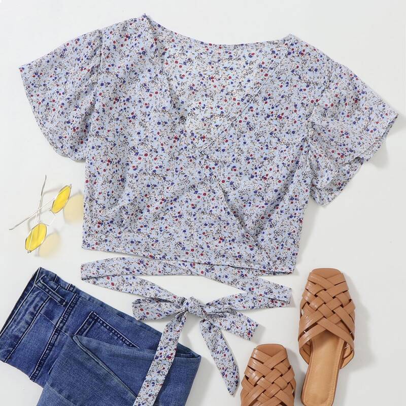 

Ditsy Floral Wrap Tie Crop Top, Blue