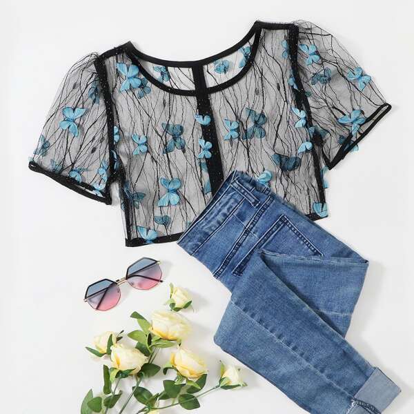 

Stereo Butterfly Patched Sheer Mesh Top, Black