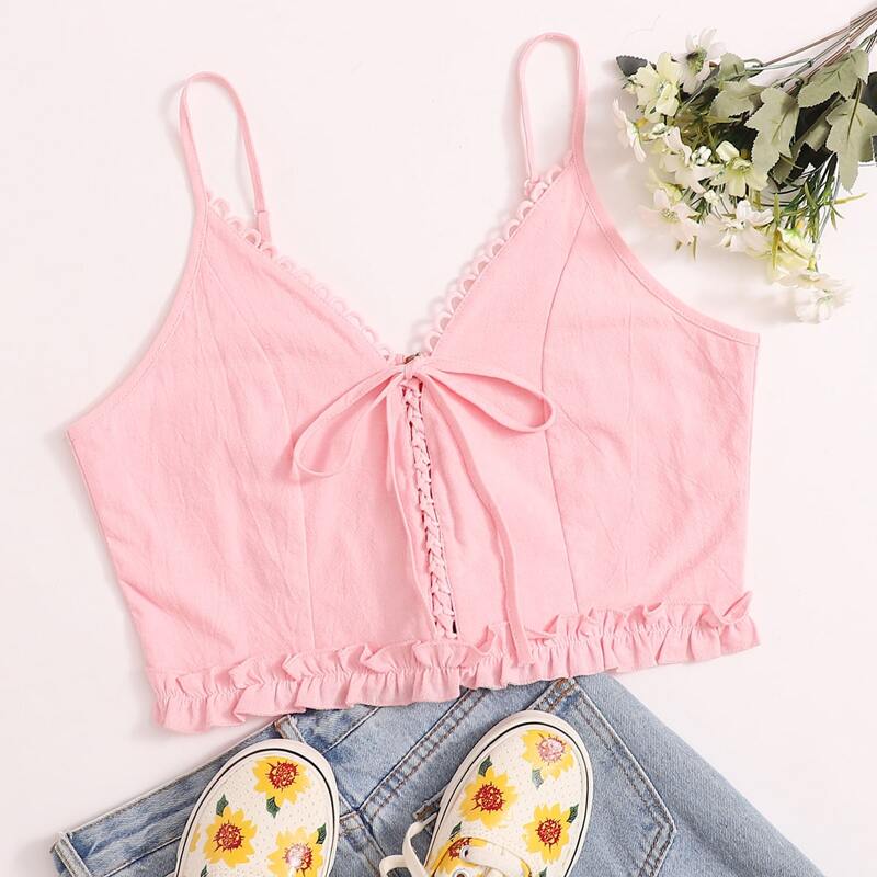 

Lace Up Pink Crop Cami
