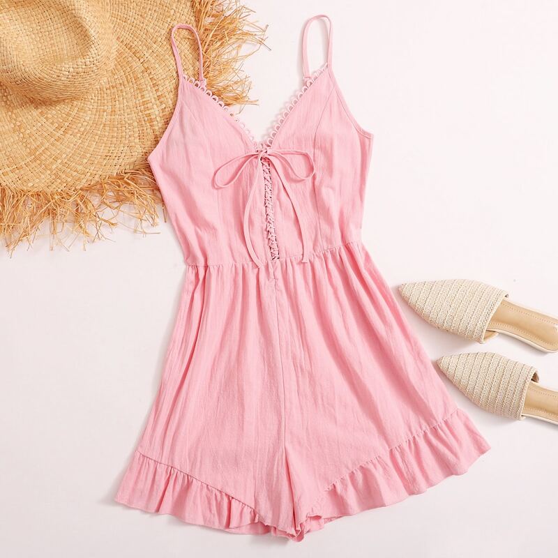 

Lace Up Pink Cami Romper