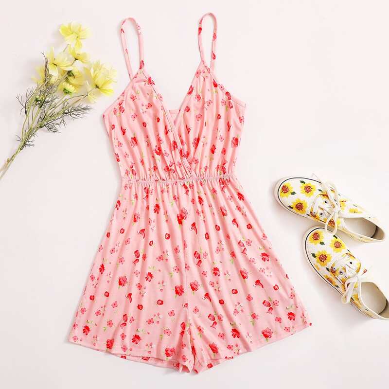 

Floral Wrap Cami Romper, Pink