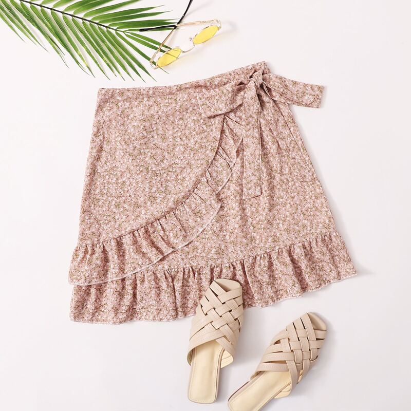 

Ditsy Floral Wrap Ruffle Hem Skirt, Pink