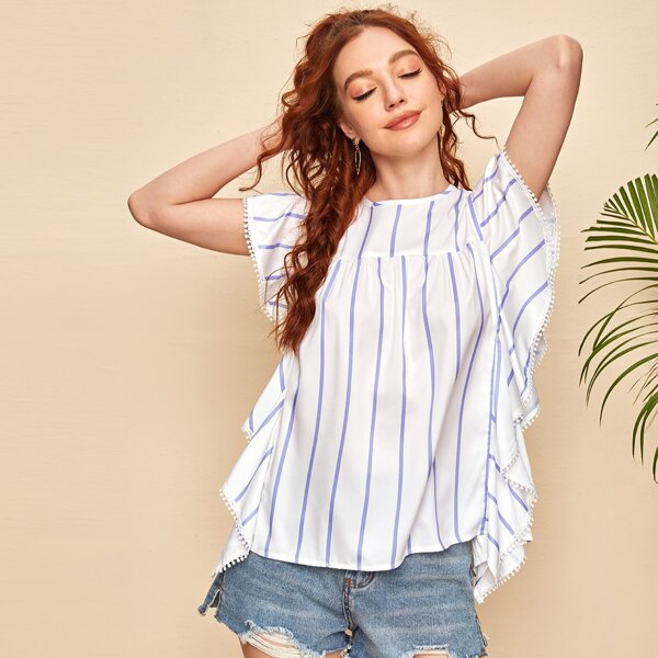 

Striped Ruffle Trim Keyhole Back Blouse, White