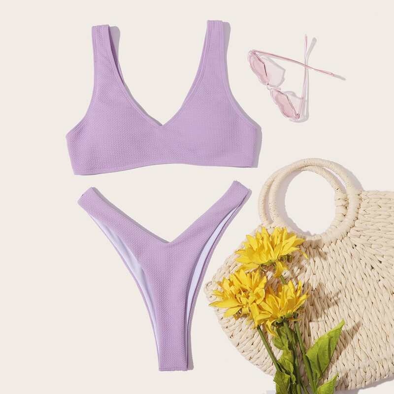 

Textured High Leg Bikini Swimsuit, Pastel lilac purple