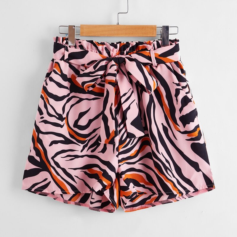 

Zebra Striped Belted Shorts, Multicolor