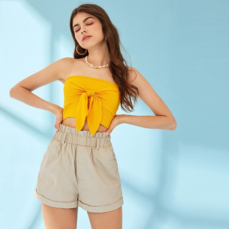 

Tie Front Tube Top & Paperbag Waist Shorts, Multicolor