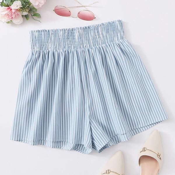 

Striped Shirred Waist Shorts, Blue pastel
