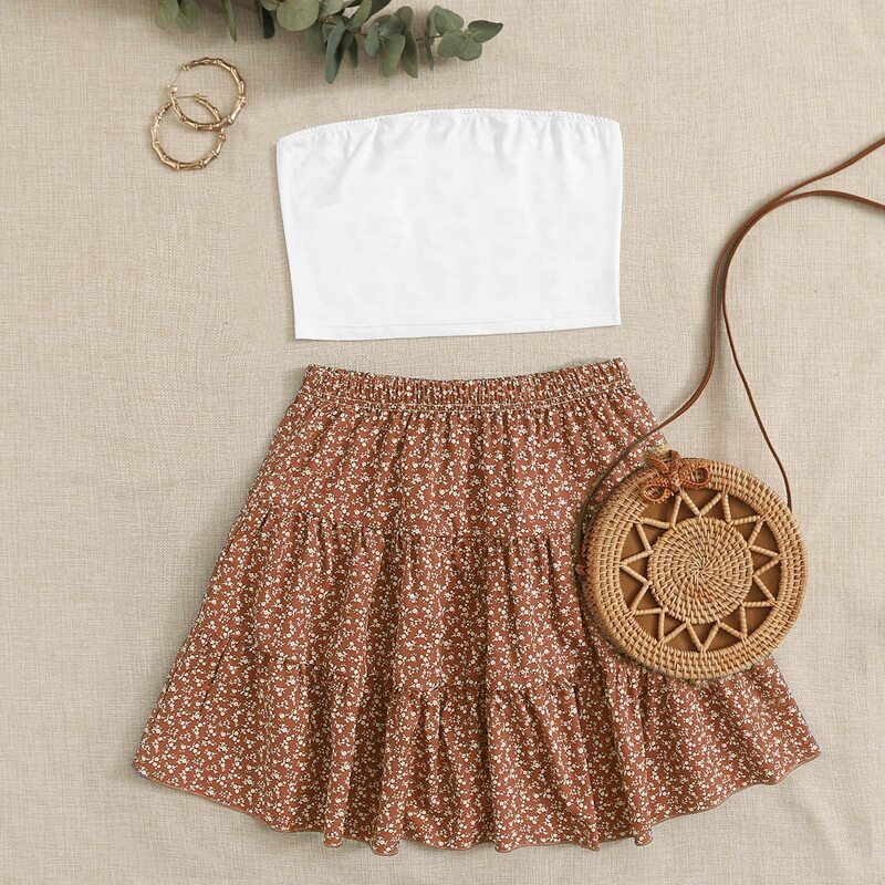 

White Tube Top & Ditsy Floral Skirt, Multicolor
