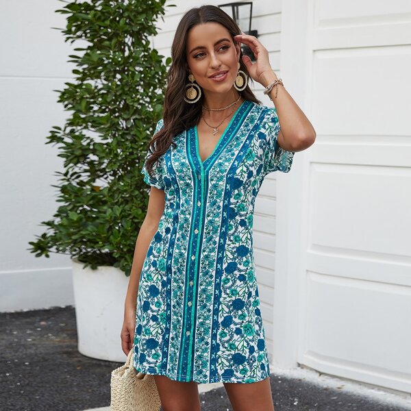 

Floral & Tribal Print Button Through Dress, Blue