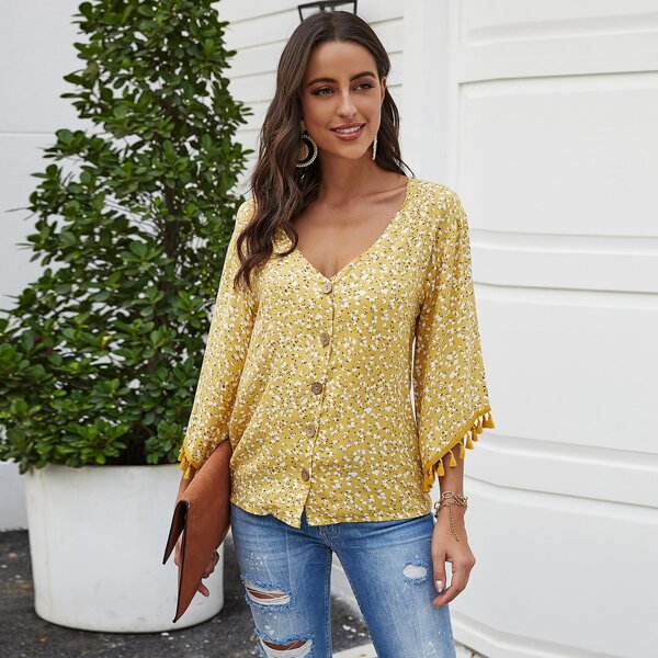 

Ditsy Floral Fringe Trim Blouse, Yellow