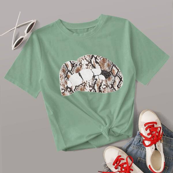 

Snakeskin & Lip Print Tee, Green