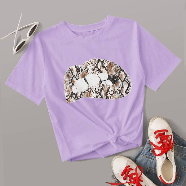 

Snakeskin & Lip Print Tee, Purple