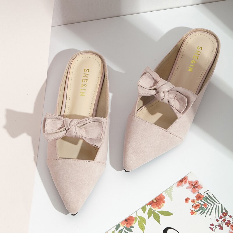 

Bow Decor Pointed Toe Flat Mules, Pink