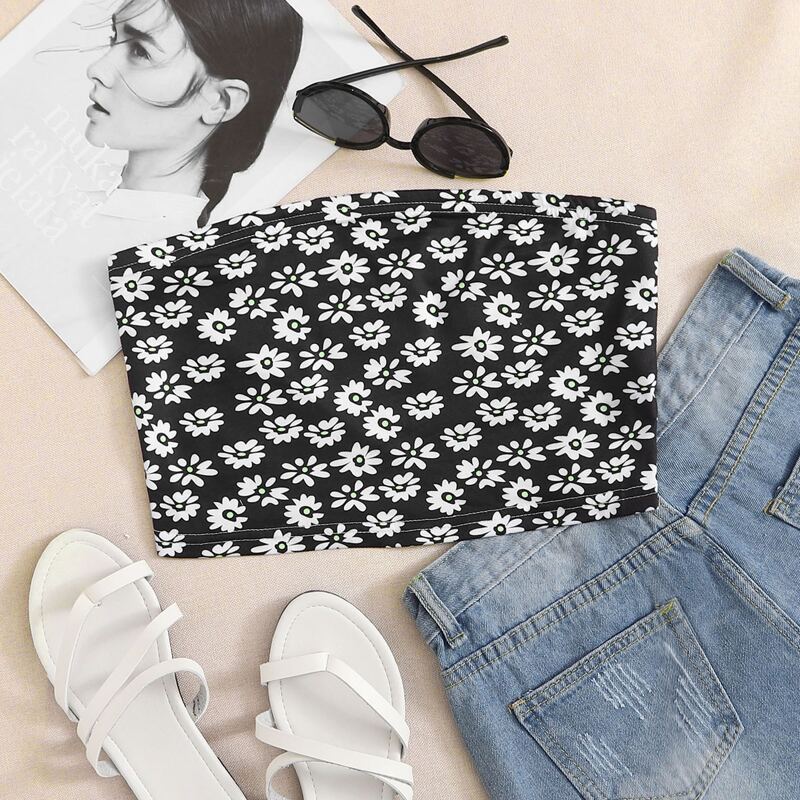 

Allover Floral Crop Tube Top, Black
