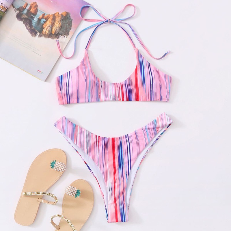 

Pinstripe Halter High Cut Bikini Swimsuit, Pink