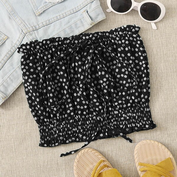 

Frill Trim Shirred Knotted Ditsy Floral Tube Top, Black