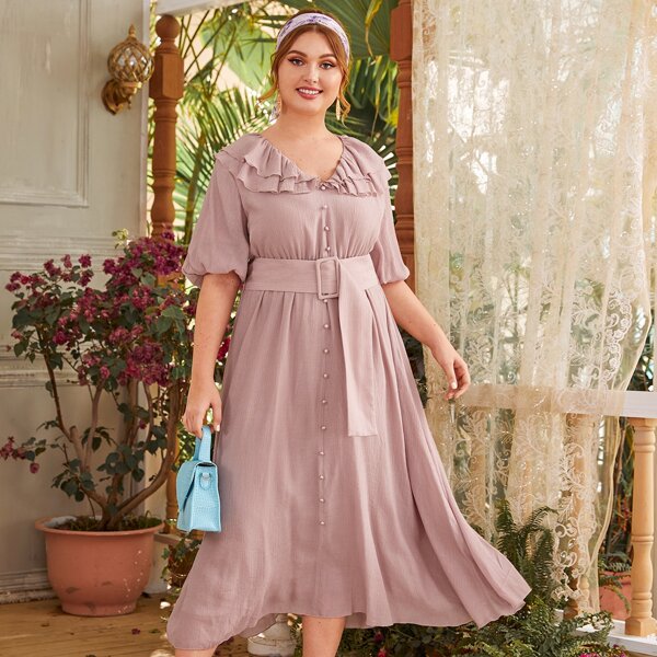 

Plus Layered Ruffle Neck Crinkle Dress With Buckle Belt, Pink pastel