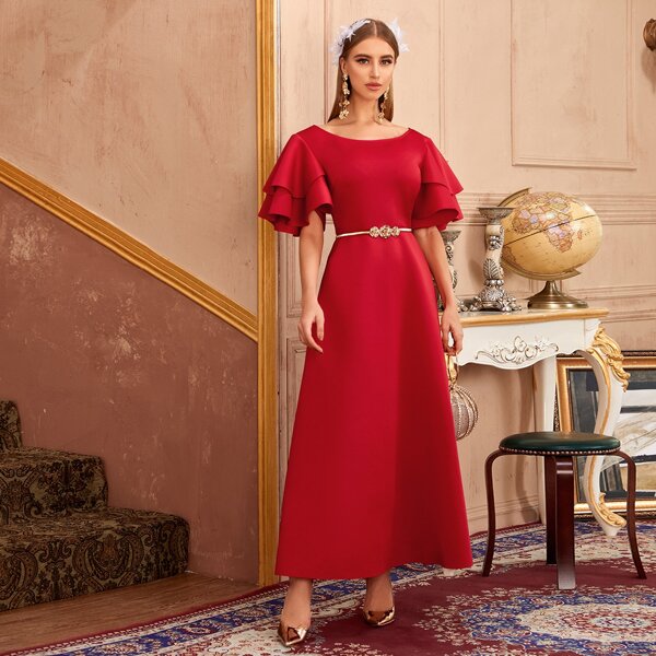 

Layered Flutter Sleeve Maxi Dress Without Belt, Red bright