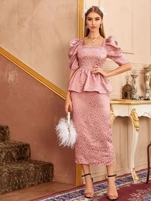 Our Ditsy Floral Jacquard Puff Sleeve Peplum Satin Dress is such a vibe -  ROMWE