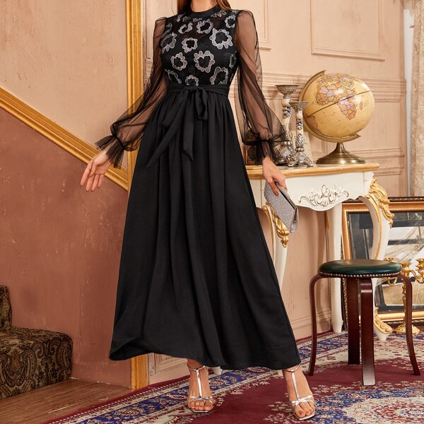 

Flower Embroidered Mesh Bodice Sheer Sleeve Belted Dress, Black