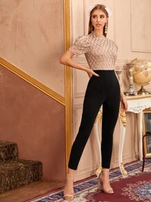 Modelyn Puff Sleeve Plaid Sequin Bodice Combo Jumpsuit Without Belt - Multicolor - View 4