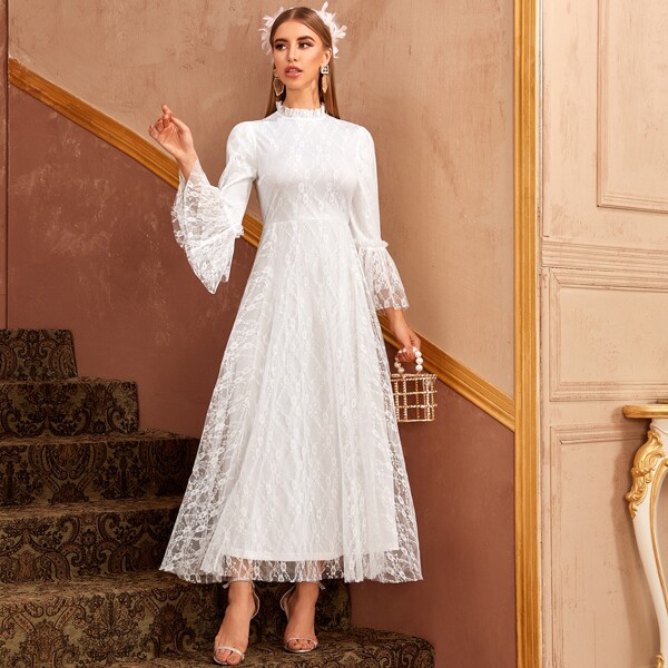 

Mock Neck Flounce Sleeve Lace Overlay Dress, White