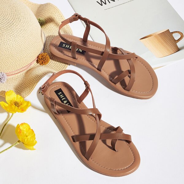 

Minimalist Ankle Strap Flat Sandals, Brown