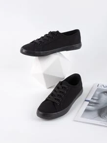 Women's Spring Autumn Round Toe Lace-up Solid Color Canvas Shoes Casual Sports Shoes - Black - View 1