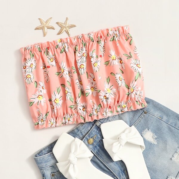 

Daisy Floral Frill Tube Top, Pink