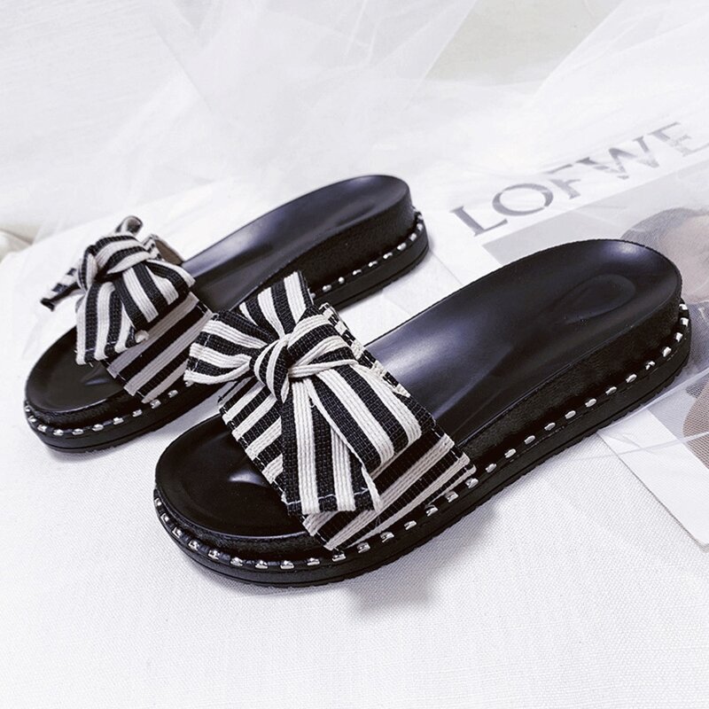

Bow Decor Heavy-bottomed Sliders, Black and white