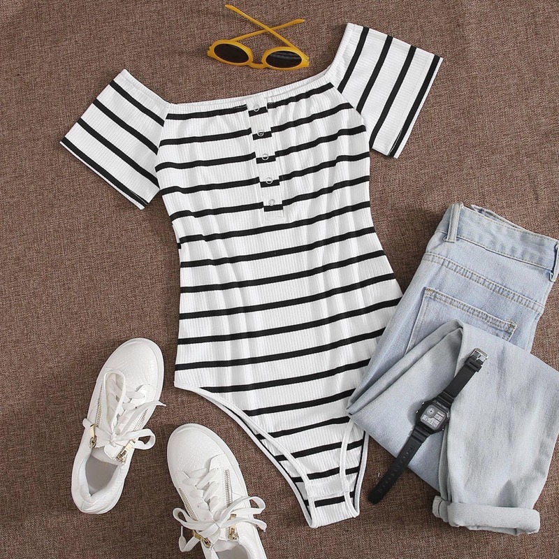 

Off The Shoulder Striped Henley Bodysuit, Black and white