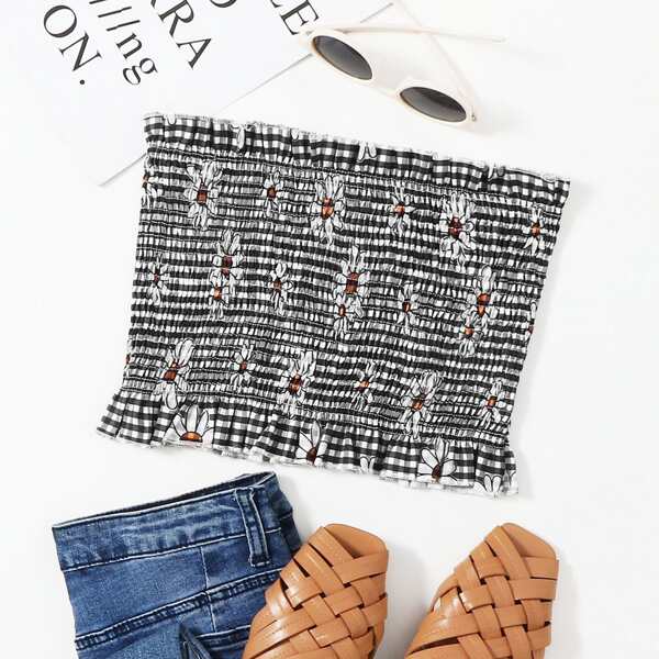 

Floral & Gingham Print Shirred Tube Top, Multicolor