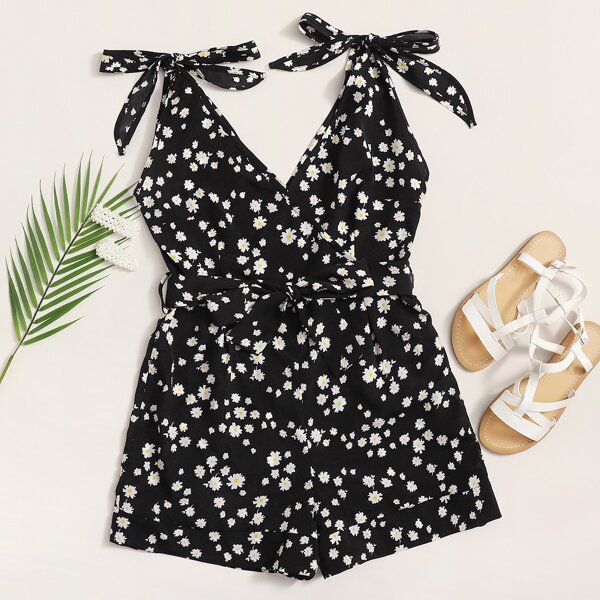 

Ditsy Floral Print Tie Shoulder Belted Romper, Black