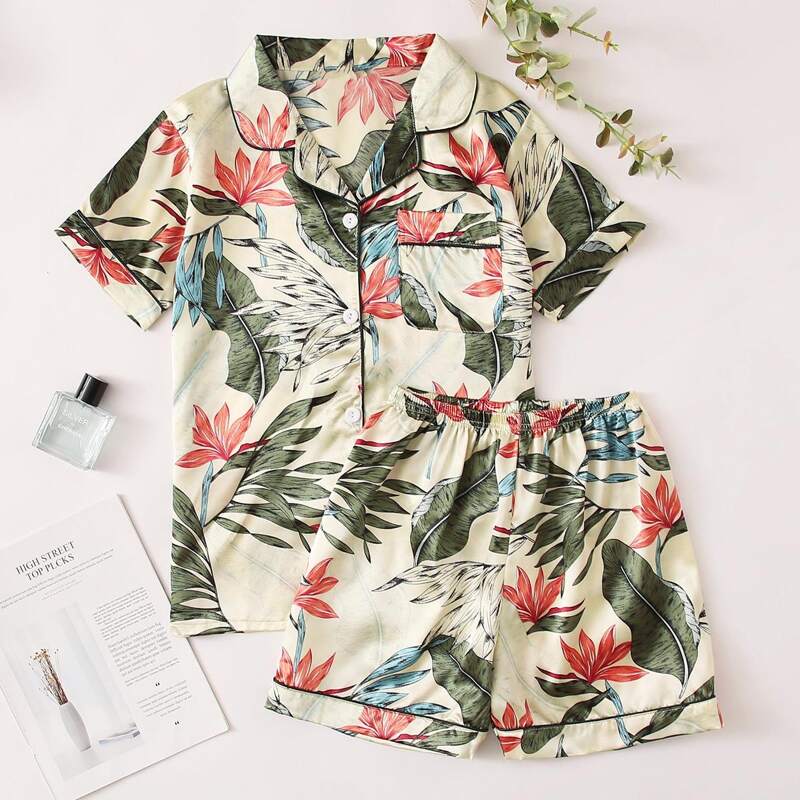 

Floral Print Satin Top & Shorts PJ Set, Multicolor