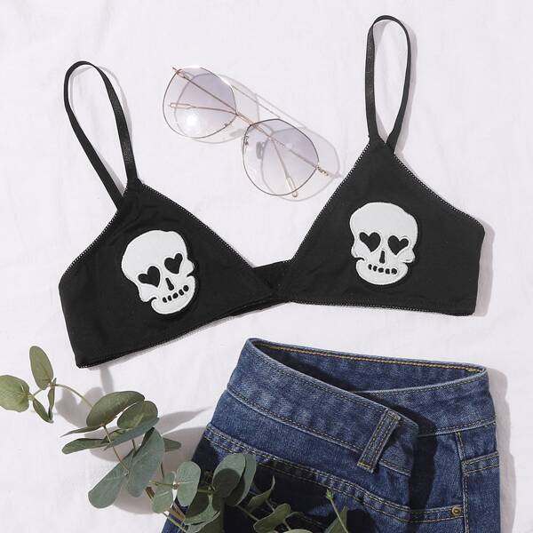 

Skull Patched Bra, Black