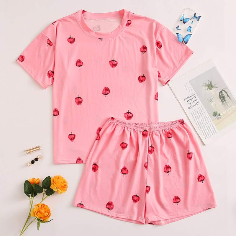 

Strawberry Print Top & Shorts PJ Set, Pink