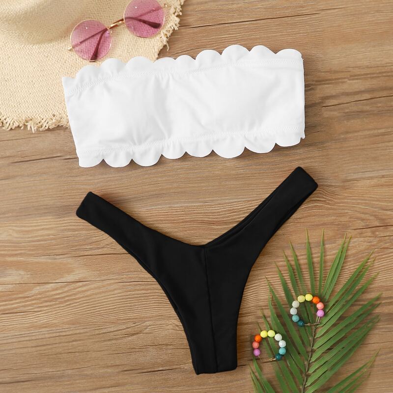 

Scallop Trim Bandeau High Leg Bikini Swimsuit, Black and white
