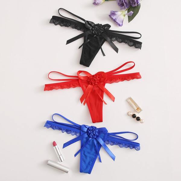 

3pack Lace Trim Thong Panty Set, Multicolor