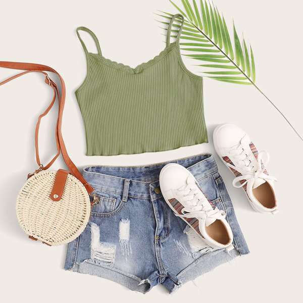 

Lace Trim Rib-knit Cami Top, Green