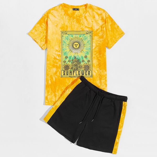 

Men Letter and Graphic Print Tie Dye Top & Shorts Set, Multicolor