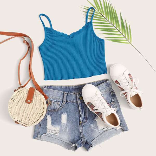

Lace Trim Rib-knit Cami Top, Blue