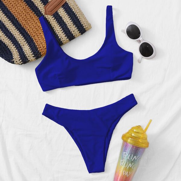 

Scoop Neck Cheeky Bikini Swimsuit, Blue