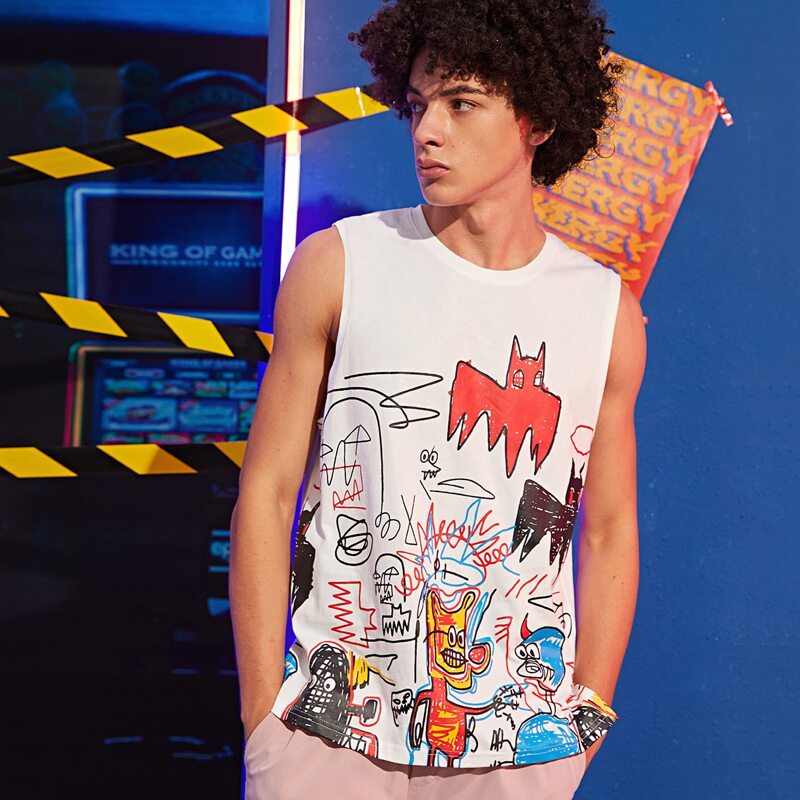 

Guys Doodling & Letter Graphic Tank Top, White