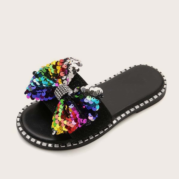 

Girls Sequin Bow Decor Sliders, Black