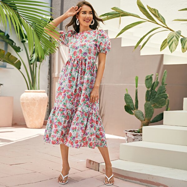 

Floral Puff Sleeve Ruffle Hem A-line Dress, Multicolor